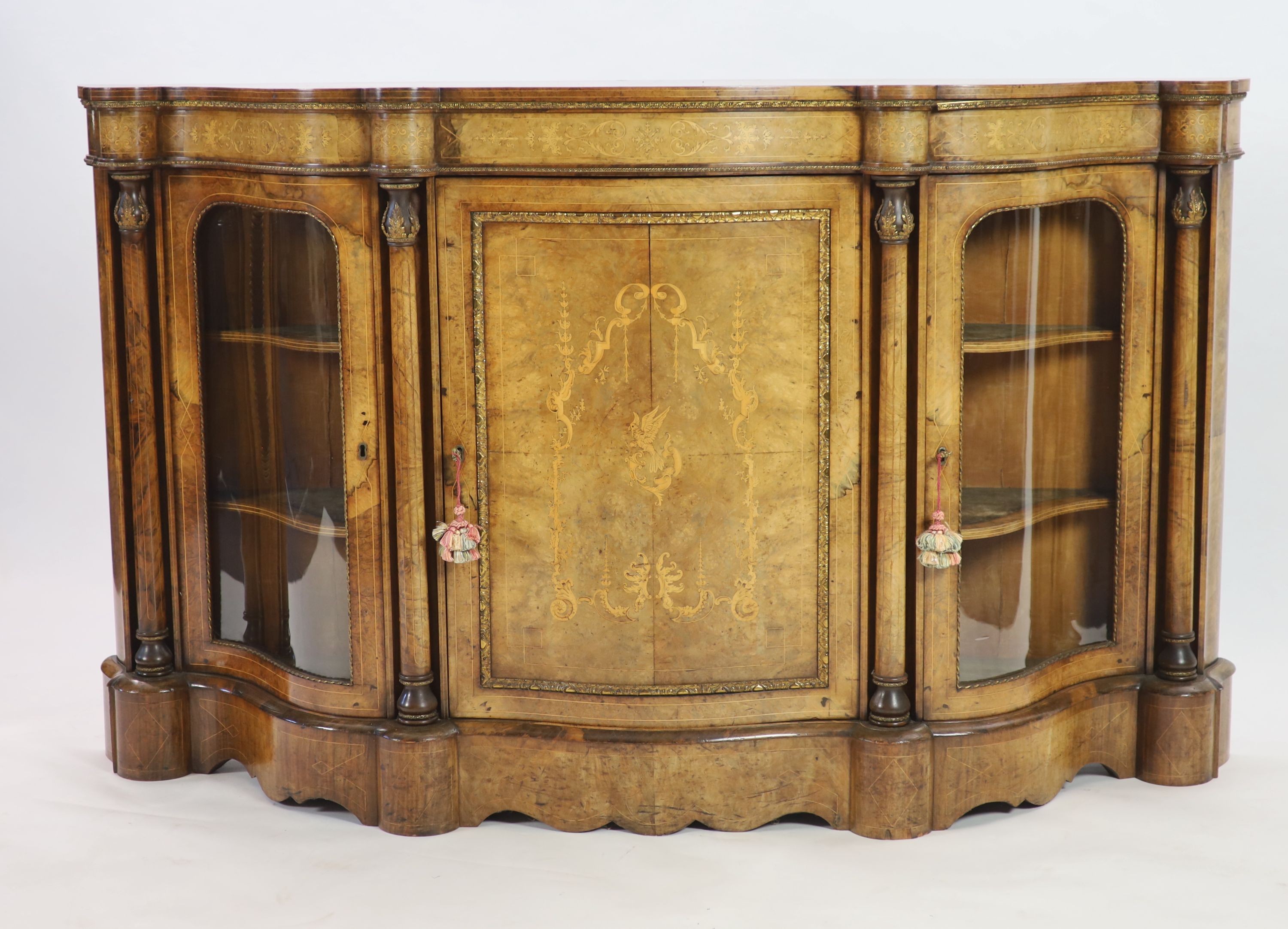 A Victorian marquetry inlaid figured walnut side cabinet W 186cm D 44cm H 110cm